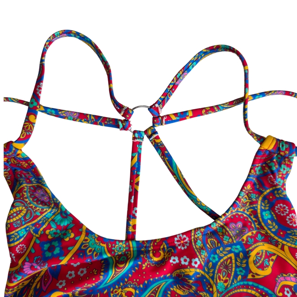 CUPSHE One-Piece Swimsuit Paisley Scoop Neck O-Ring Strappy Back Red Size Small - Picture 4 of 9